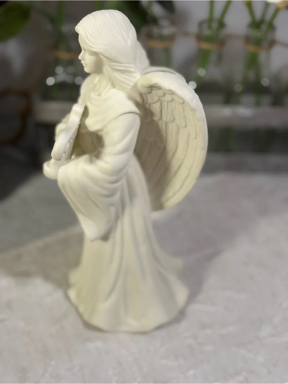PartyLite Lyrical Angel Playing Harp Bisque Porcelain Taper Candle Holder P0461